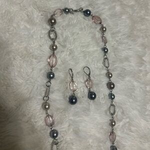 Elegant Silver and Pink Beaded Necklace and Earring Set
